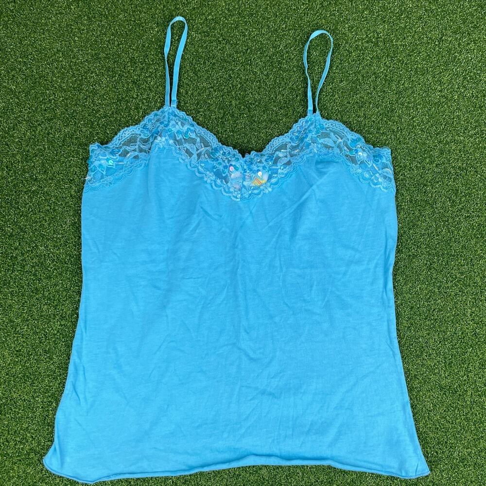 Vintage Y2K NWT 976 Clue Blue Lace Trim Beaded Cami Sz L